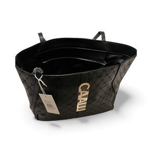 Cavalli Sandra Shopper Tote Bag – Black Deboss Logo, Large Carryall, NWT